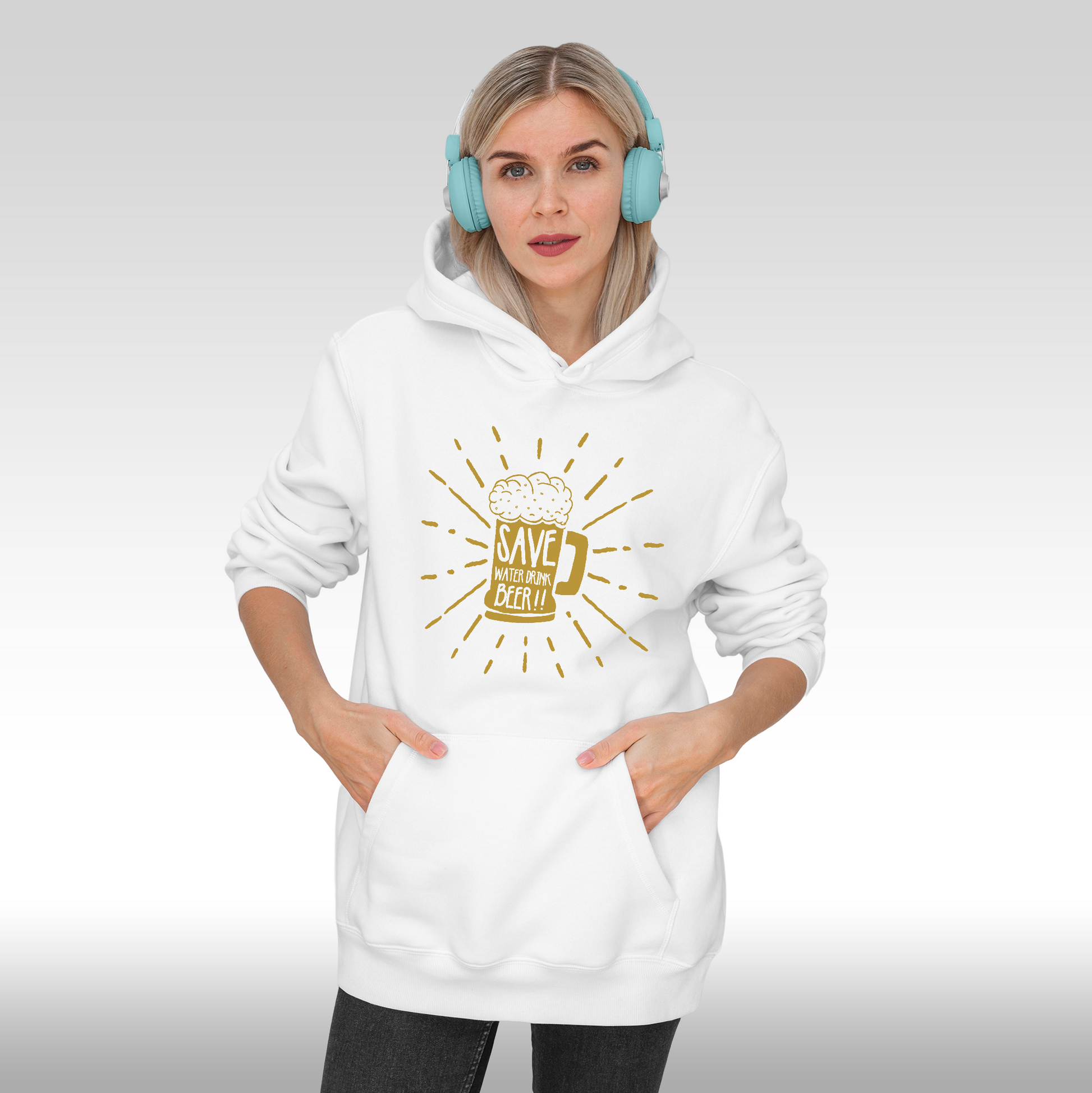 Hanorac alb personalizat Fata dama mesaj "Save Water Drink Beer" streetwear
