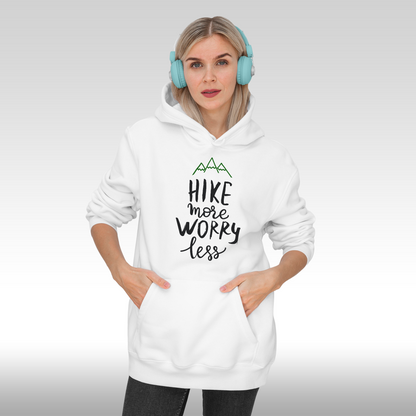Hanorac alb personalizat Fata dama sport "Hike More, Worry Less" streetwear

