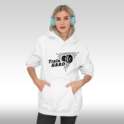 Hanorac alb personalizat Fata Dama sport "Train Hard" streetwear
