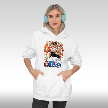Hanorac alb personalizat Fata Dama anime "Fire Monkey D. Luffy" streetwear
