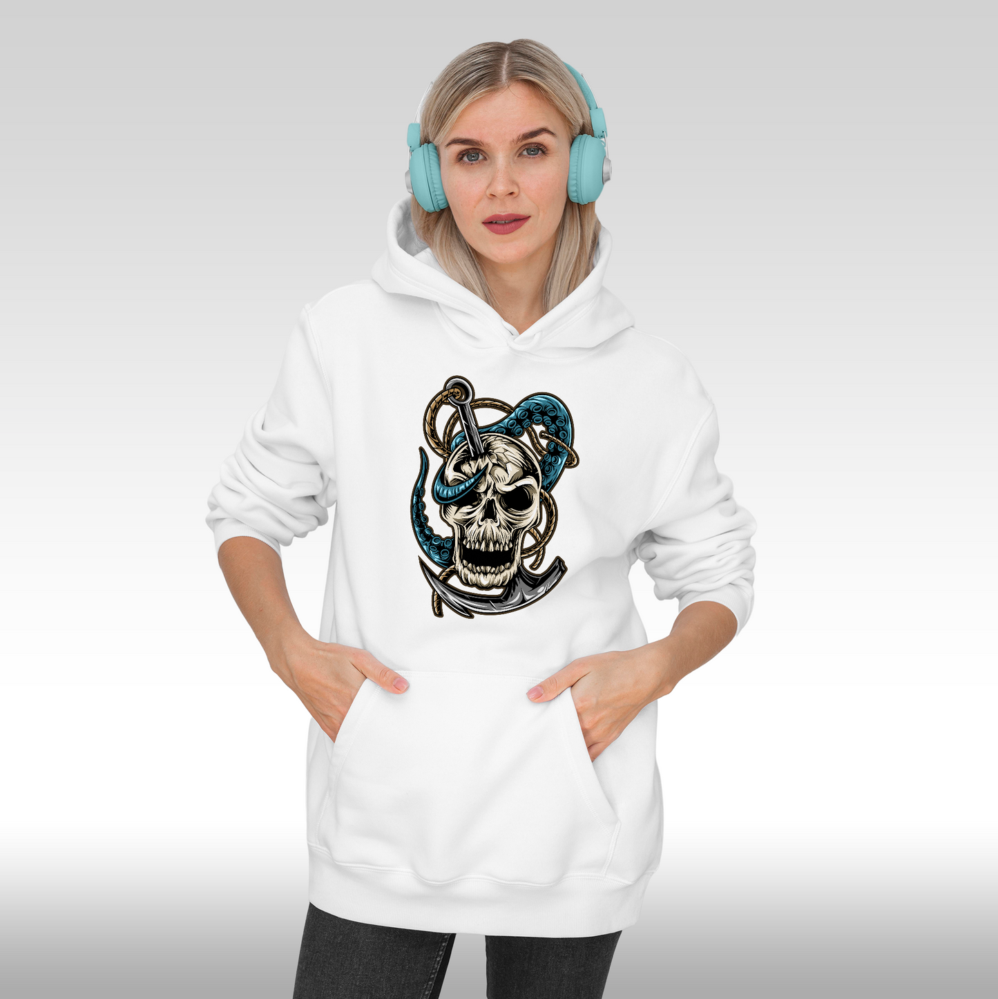Hanorac alb personalizat Fata dama urban craniu ancora "Skull Anchor" streetwear

