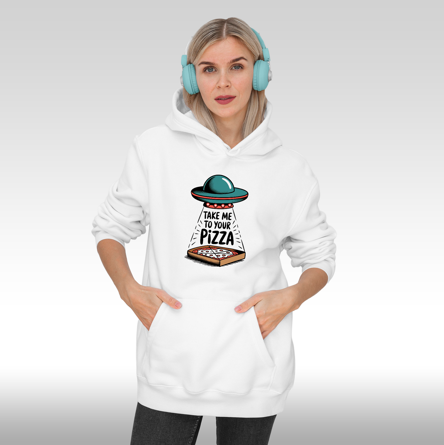 Hanorac alb personalizat Fata dama urban "Take Me To Your Pizza" streetwear
