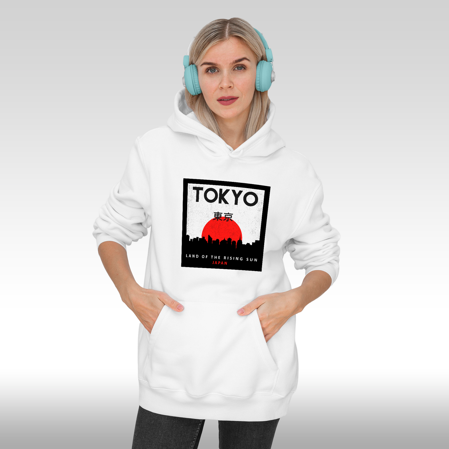 Hanorac alb personalizat Fata dama urban "Tokyo! Land Of The Rising Sun, Japan" streetwear
