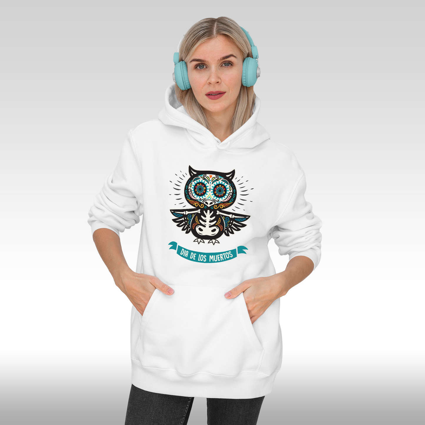 Hanorac alb personalizat Fata dama urban  bufnita "Dia De Los Muertos" streetwear
