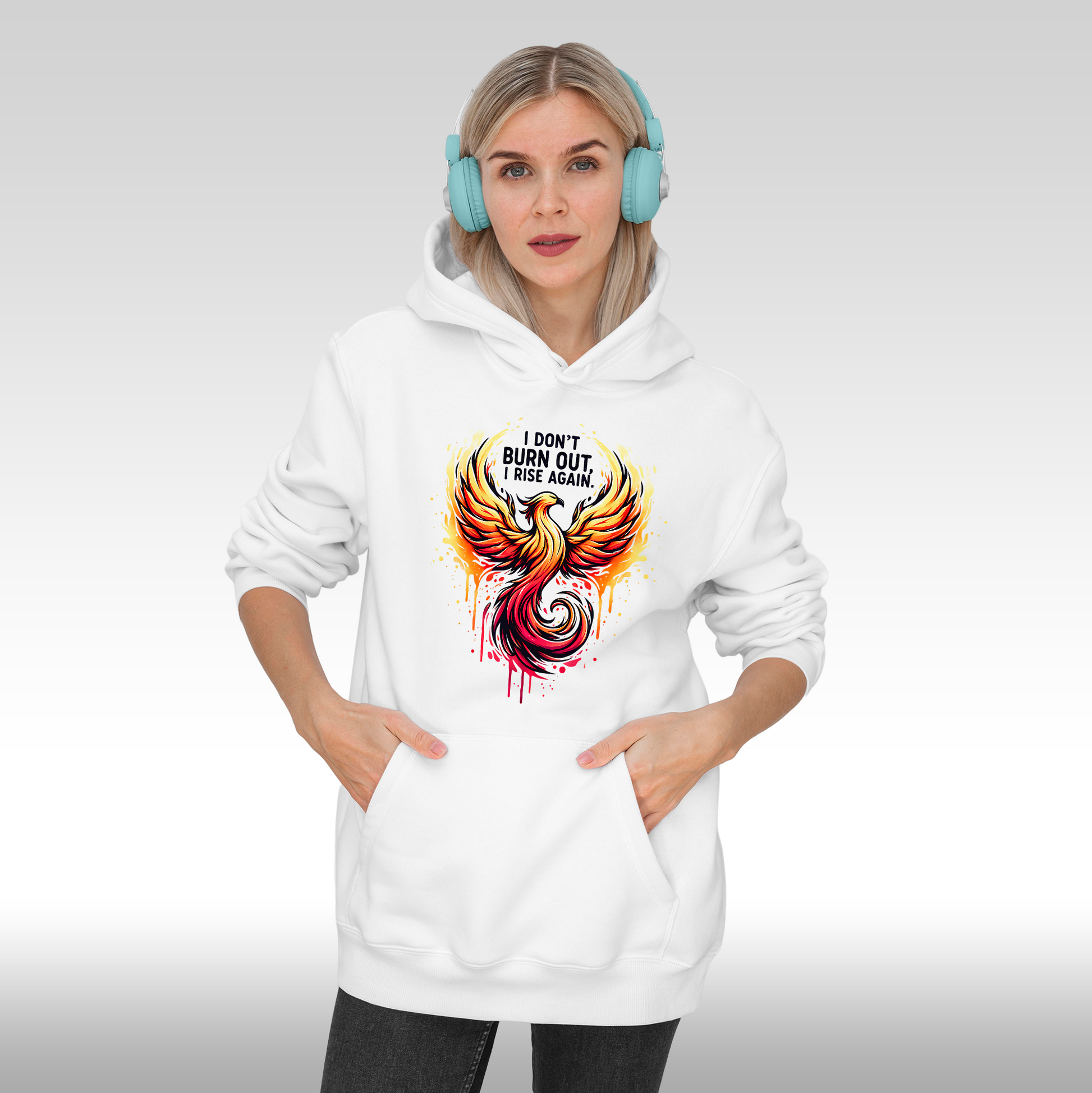 Hanorac alb personalizat Fata dama phoenix "I Don't Burn Out, I Rise Again" streetwear
