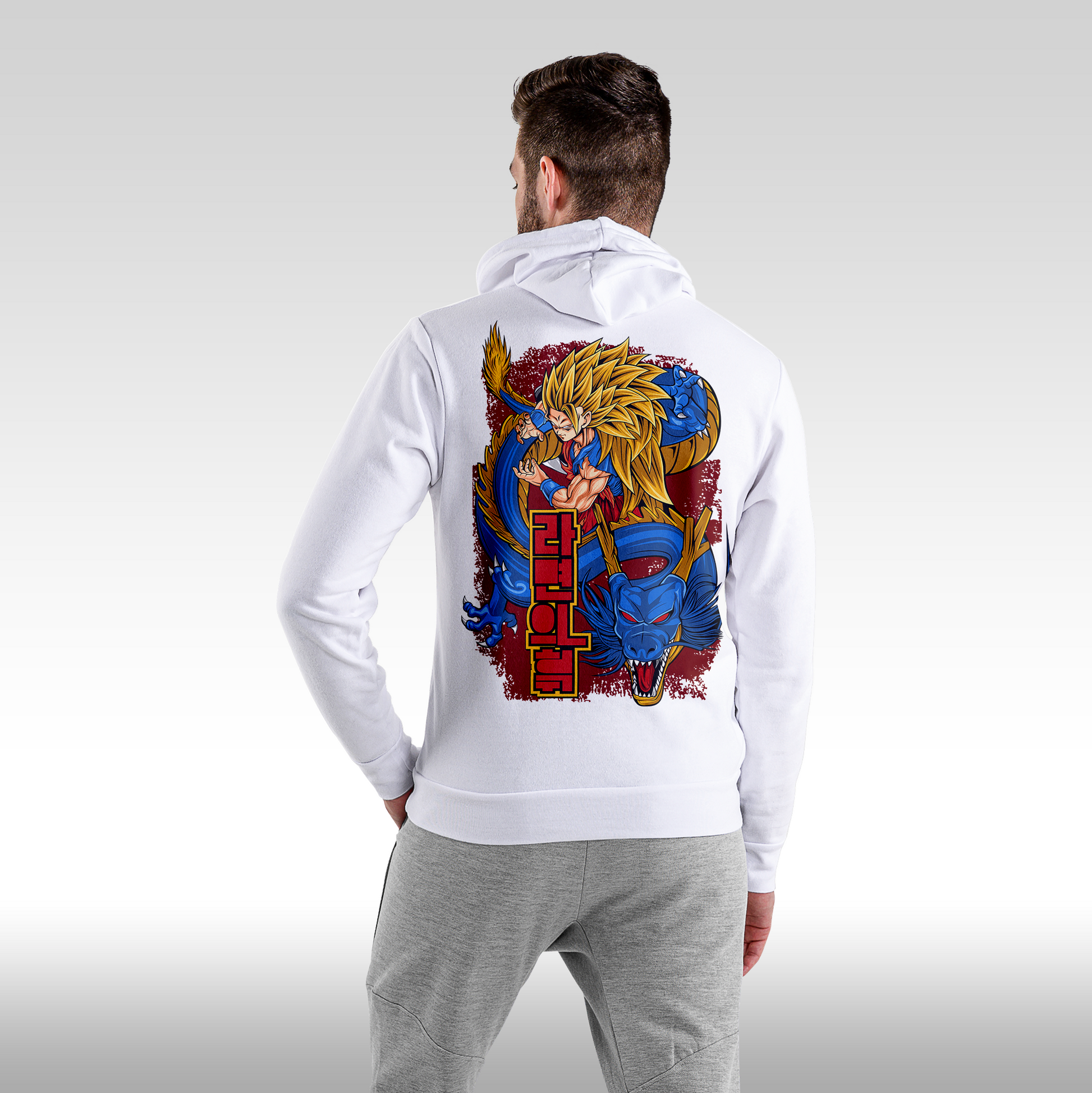 Hanorac alb personalizat Spate Barbat anime "Goku Super Sayan-Jin 3" streetwear
