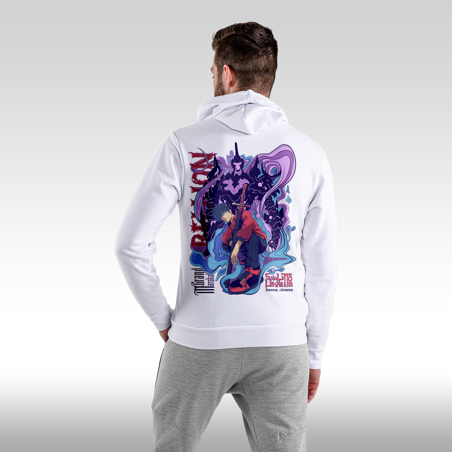Hanorac alb personalizat Spate barbat anime "Solo Leveling Sung Ji Woo" streetwear