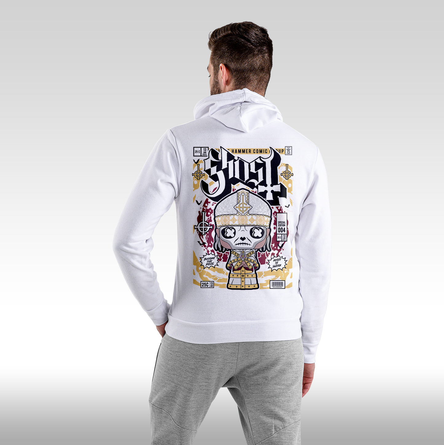 Hanorac alb personalizat Spate Barbat rock "Ghost" streetwear

