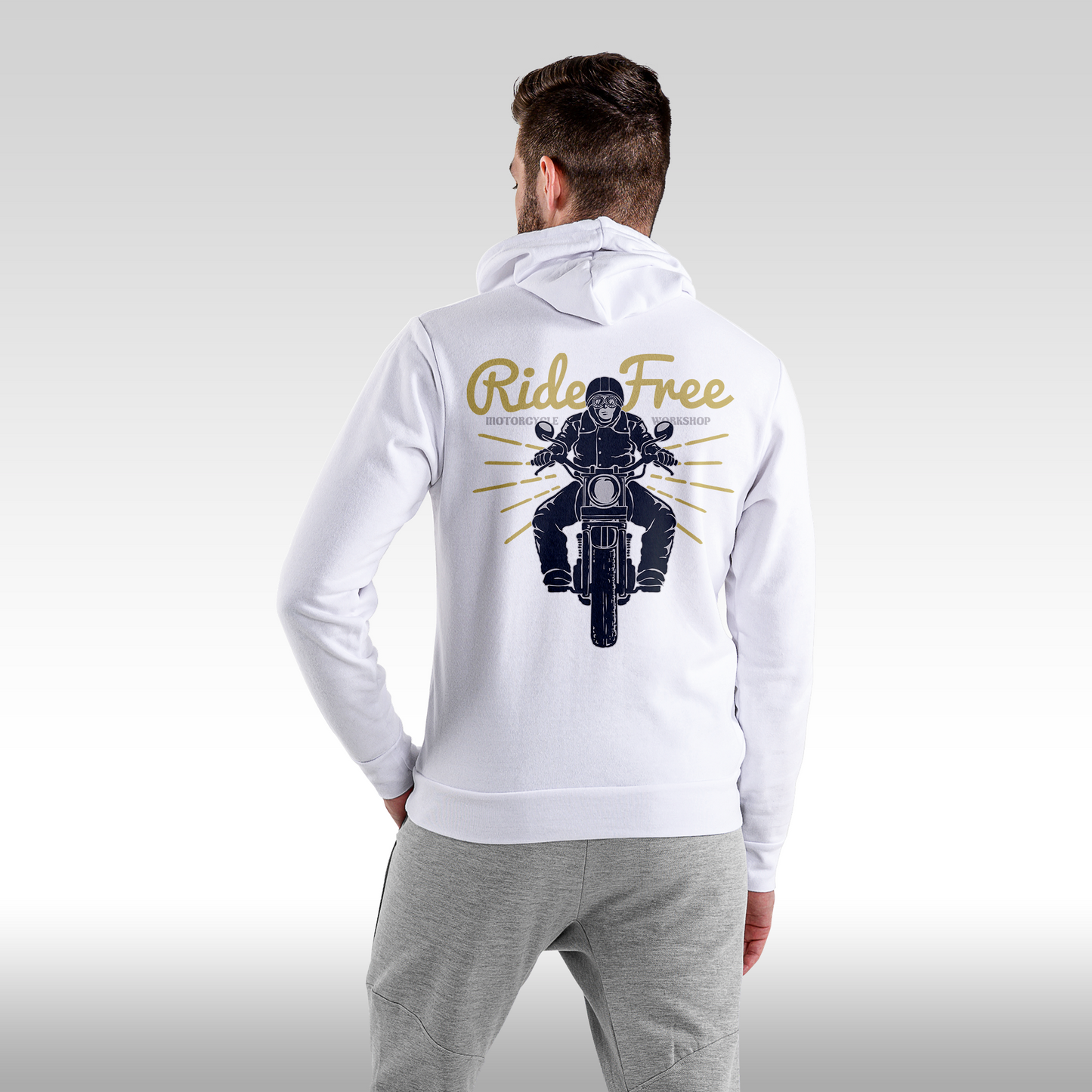 Hanorac alb personalizat Spate Barbat rock "Ride Free Motorcycle Workshop" streetwear
