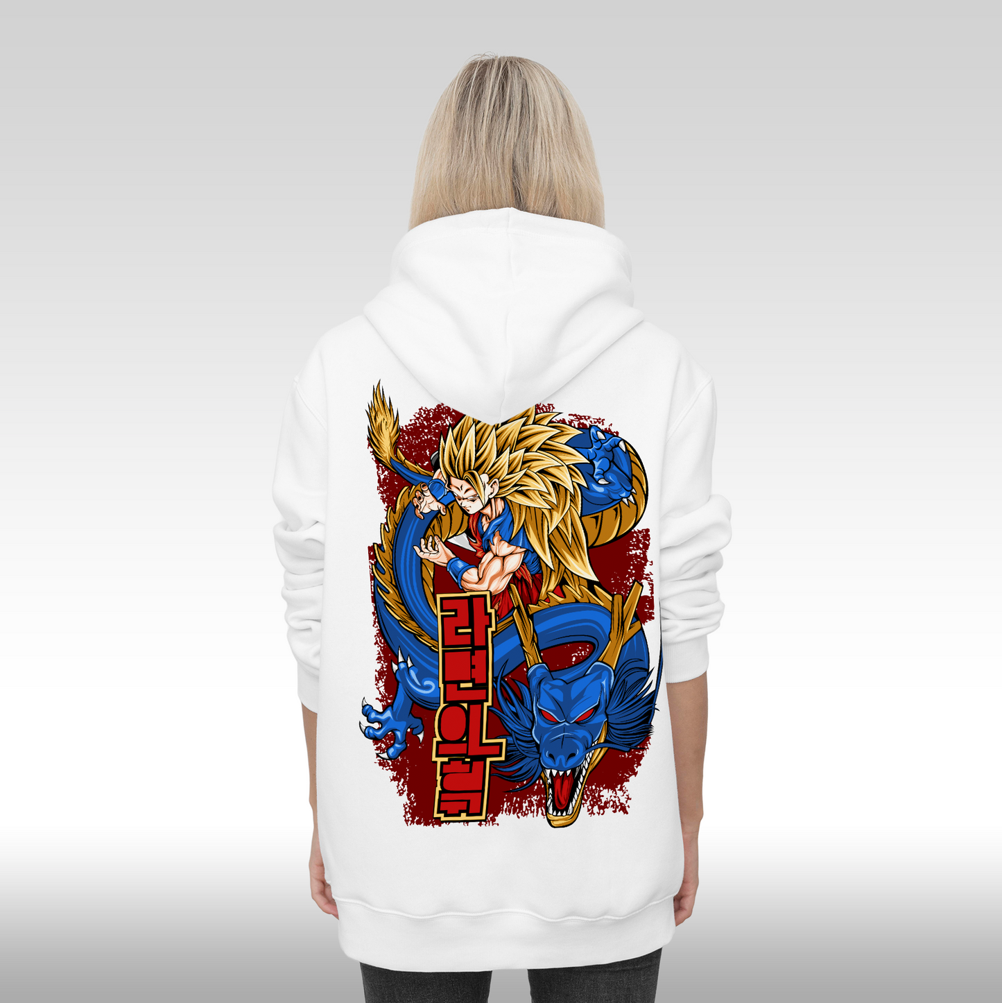 Hanorac alb personalizat Spate dama anime "Goku Super Sayan-Jin 3" streetwear
