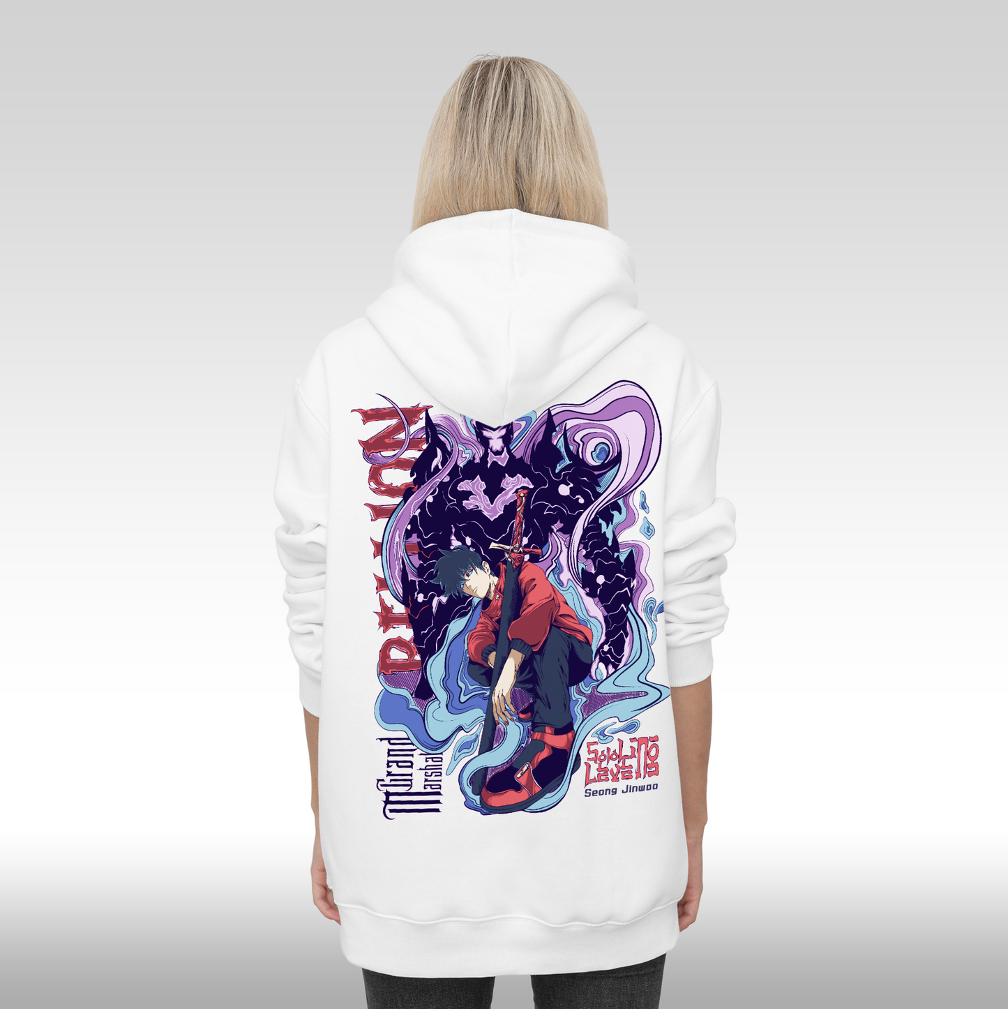 Hanorac alb personalizat Spate Dama anime "Solo Leveling Sung Ji Woo" streetwear