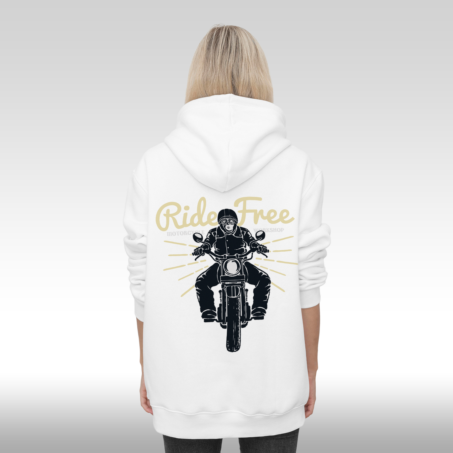Hanorac alb personalizat Spate dama rock "Ride Free Motorcycle Workshop" streetwear
