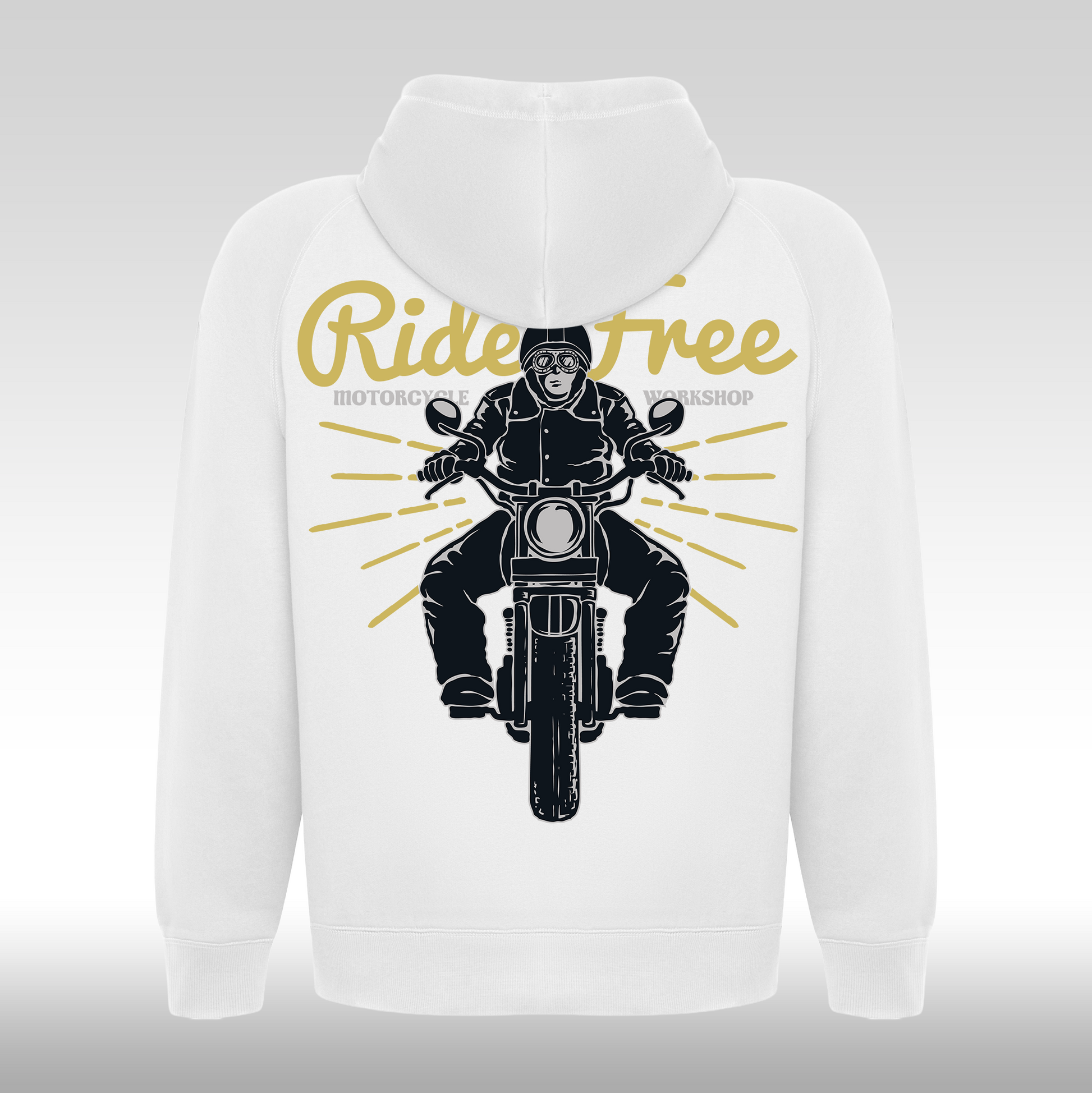 Hanorac alb personalizat Spate rock "Ride Free Motorcycle Workshop" streetwear
