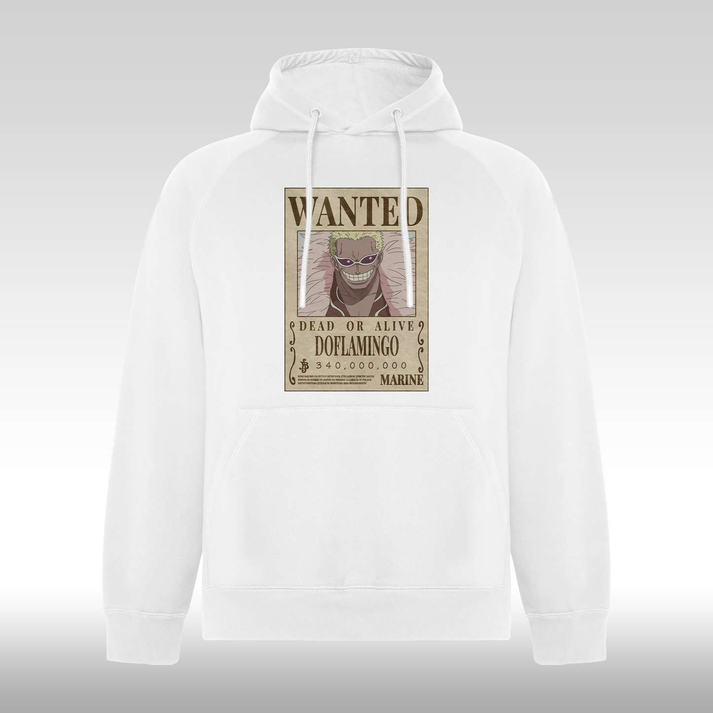 Hanorac alb personalizat anime "WANTED : Doflamingo" streetwear
