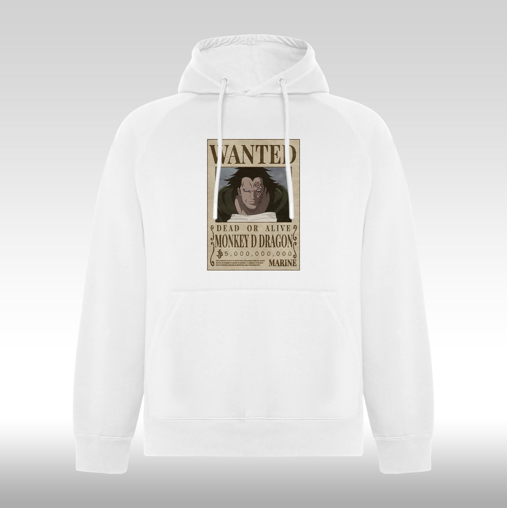 Hanorac alb personalizat urban "WANTED : Monkey D Dragon" streetwear
