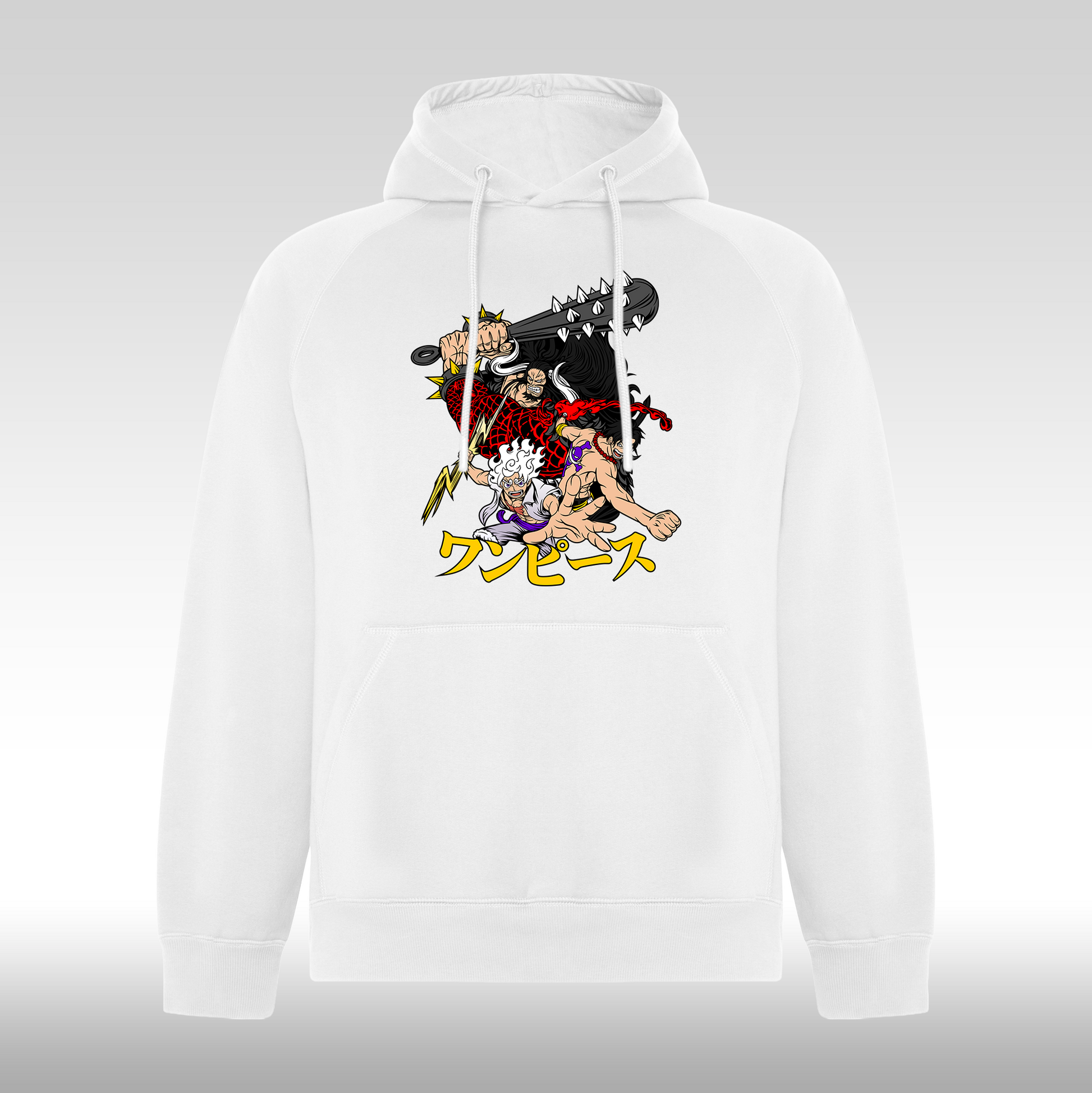 Hanorac alb personalizat anime "Luffy Gear 5 x Kaido x Ace" streetwear
