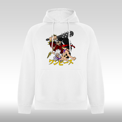 Hanorac alb personalizat anime "Luffy Gear 5 x Kaido x Ace" streetwear
