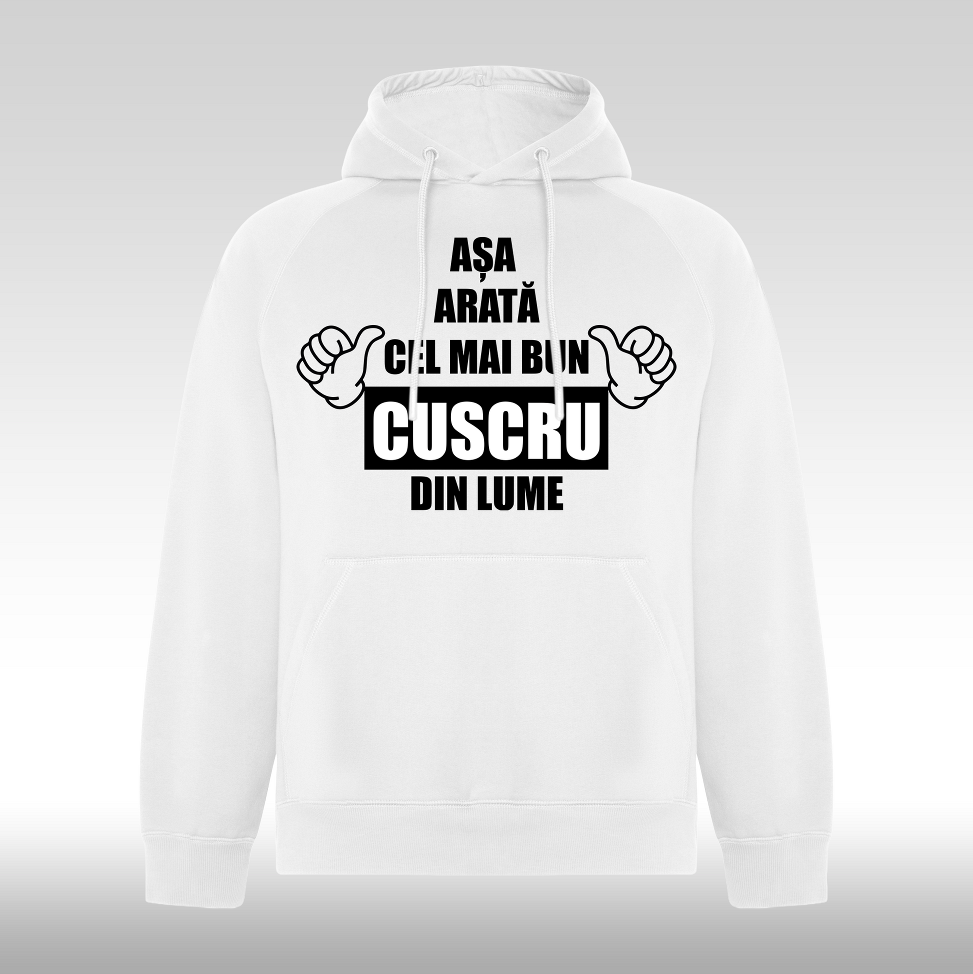 Hanorac alb personalizat Fata Barbat mesaj "Asa Arata Cel Mai Bun Cuscru Din Lume" streetwear

