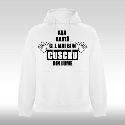 Hanorac alb personalizat Fata Barbat mesaj "Asa Arata Cel Mai Bun Cuscru Din Lume" streetwear
