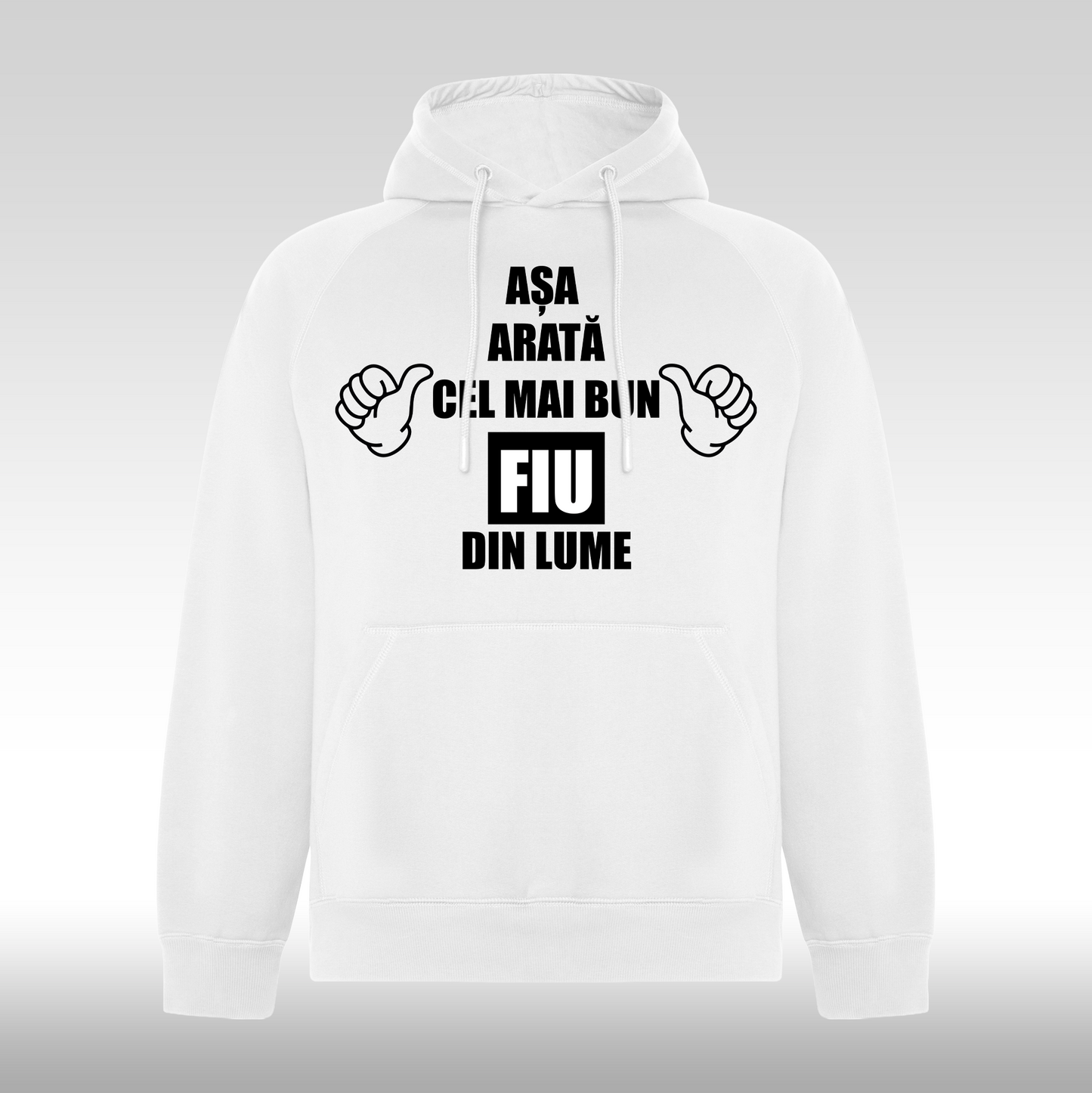 Hanorac alb personalizat Fata Barbat mesaj "Asa Arata Cel Mai Bun Fiu Din Lume" streetwear

