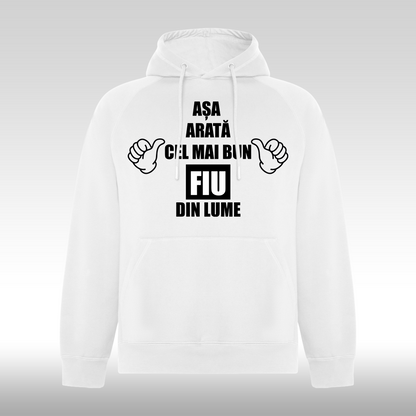 Hanorac alb personalizat Fata Barbat mesaj "Asa Arata Cel Mai Bun Fiu Din Lume" streetwear
