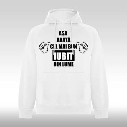 Hanorac alb personalizat Barbat mesaj "Asa Arata Cel Mai Bun Iubit Din Lume" streetwear
