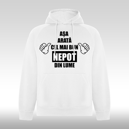 Hanorac alb personalizat Fata Barbat mesaj "Asa Arata Cel Mai Bun Nepot Din Lume" streetwear
