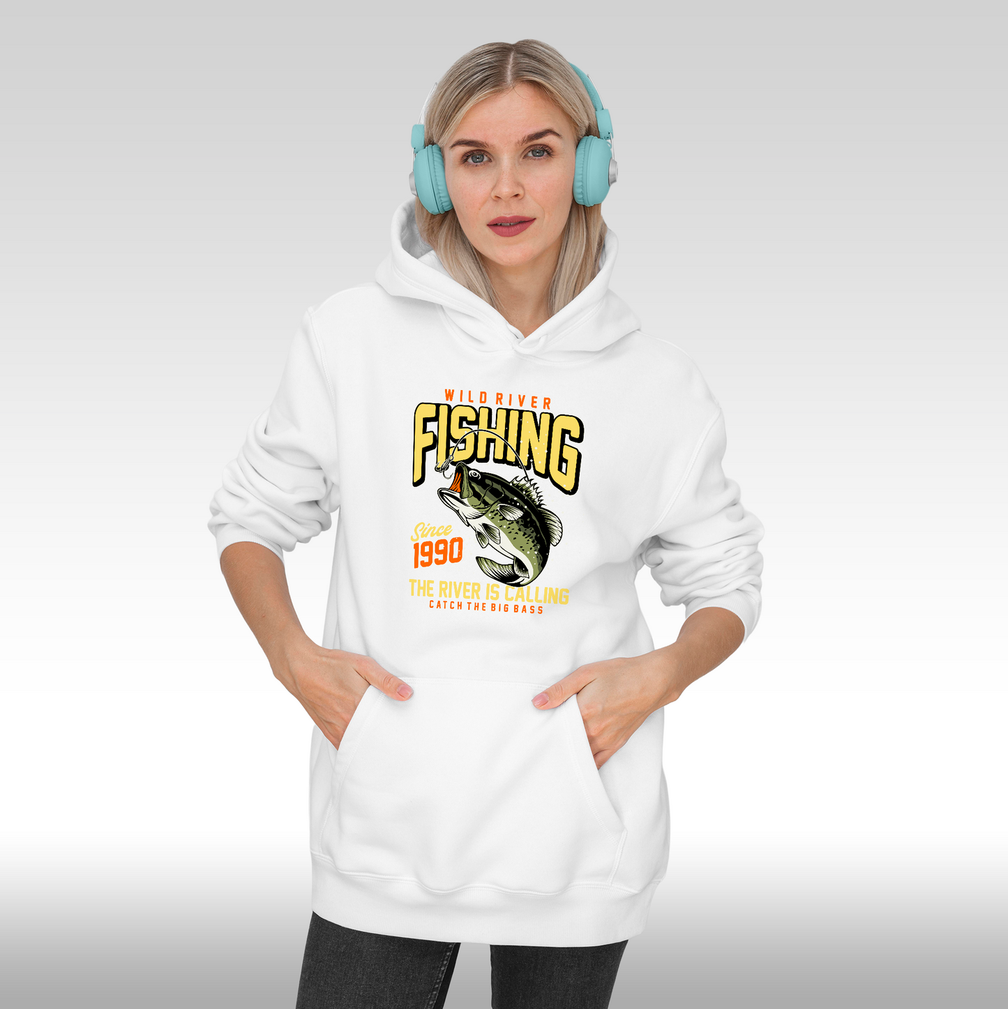 Hanorac alb personalizat Fata dama pescar "Fishing Since 1990" streetwear
