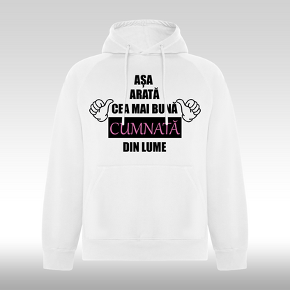 Hanorac alb personalizat Fata Dama mesaj "Asa Arata Cea Mai Buna Cumnata Din Lume" streetwear
