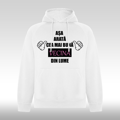 Hanorac alb personalizat Fata Dama mesaj "Cea Mai Buna Vecina" streetwear

