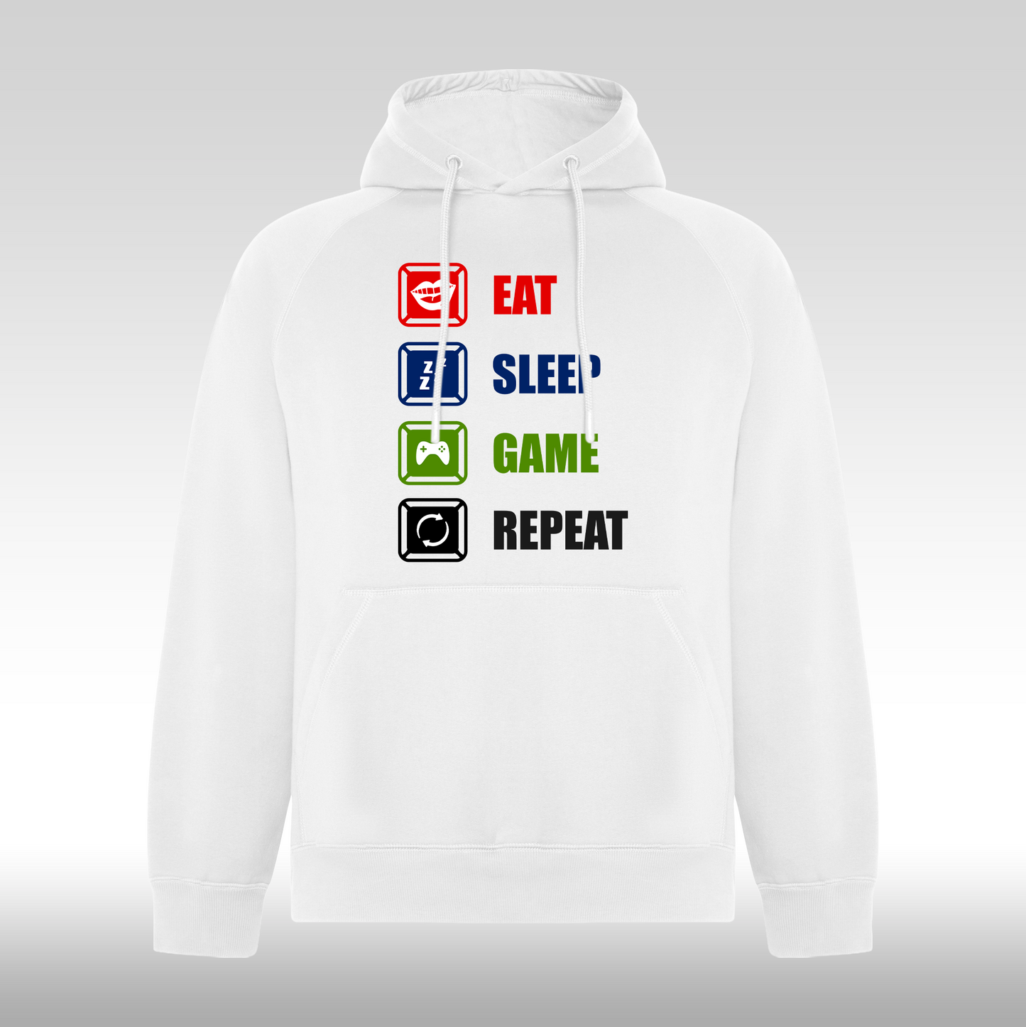 Hanorac alb personalizat gaming "Eat, Sleep, Game, Repeat" streetwear
