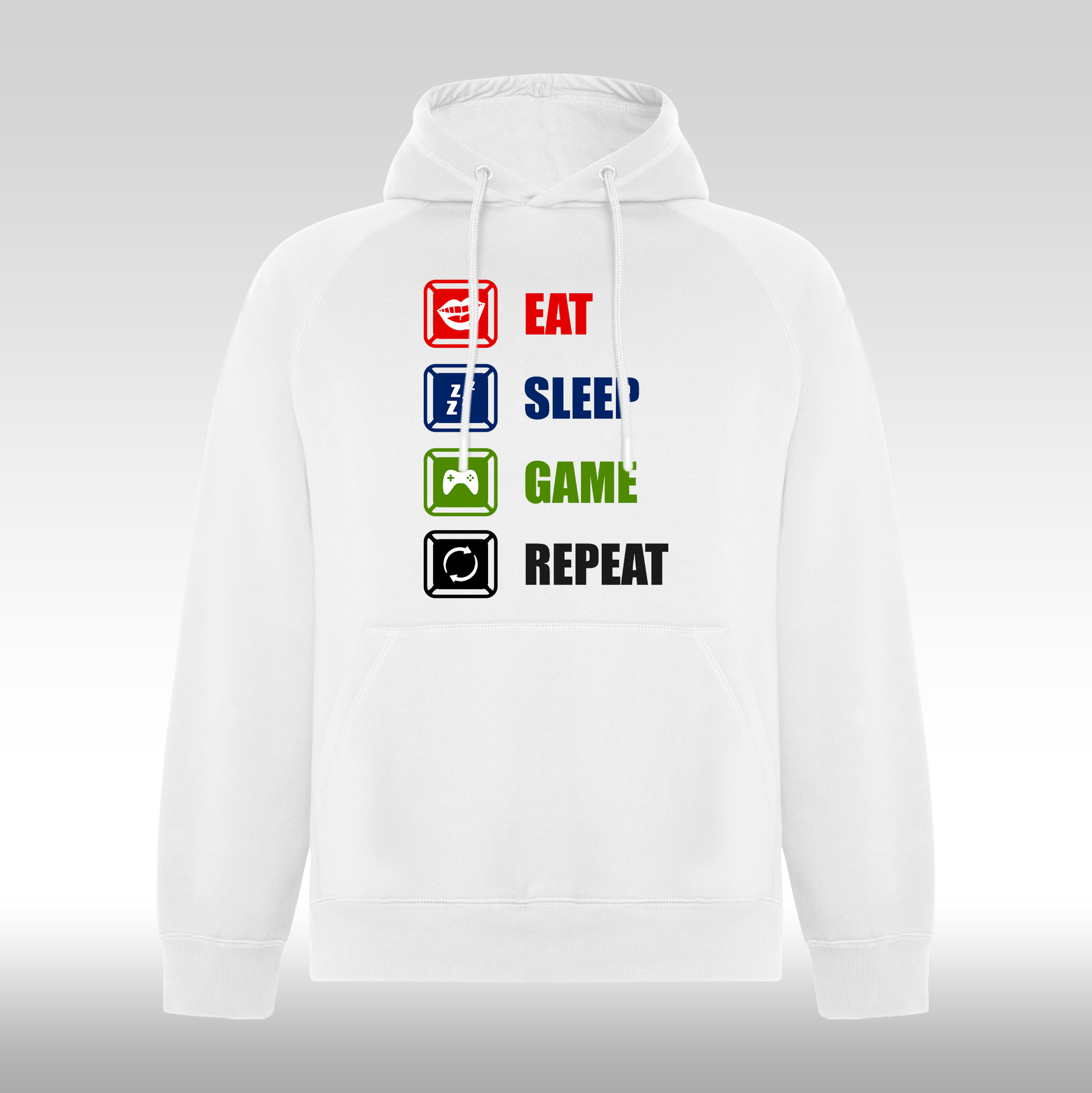 Hanorac alb personalizat gaming "Eat, Sleep, Game, Repeat" streetwear
