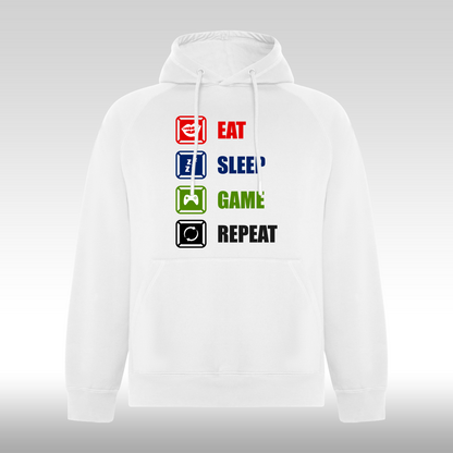 Hanorac alb personalizat gaming "Eat, Sleep, Game, Repeat" streetwear
