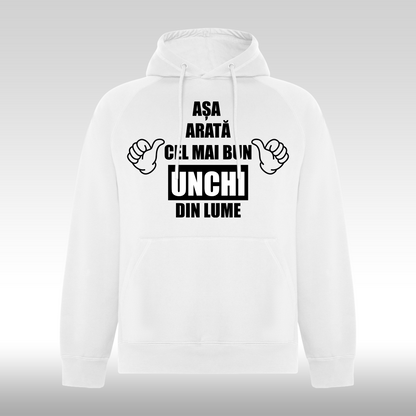 Hanorac alb personalizat urban "Asa Arata Cel Mai Bun Unchi Din Lume" streetwear
