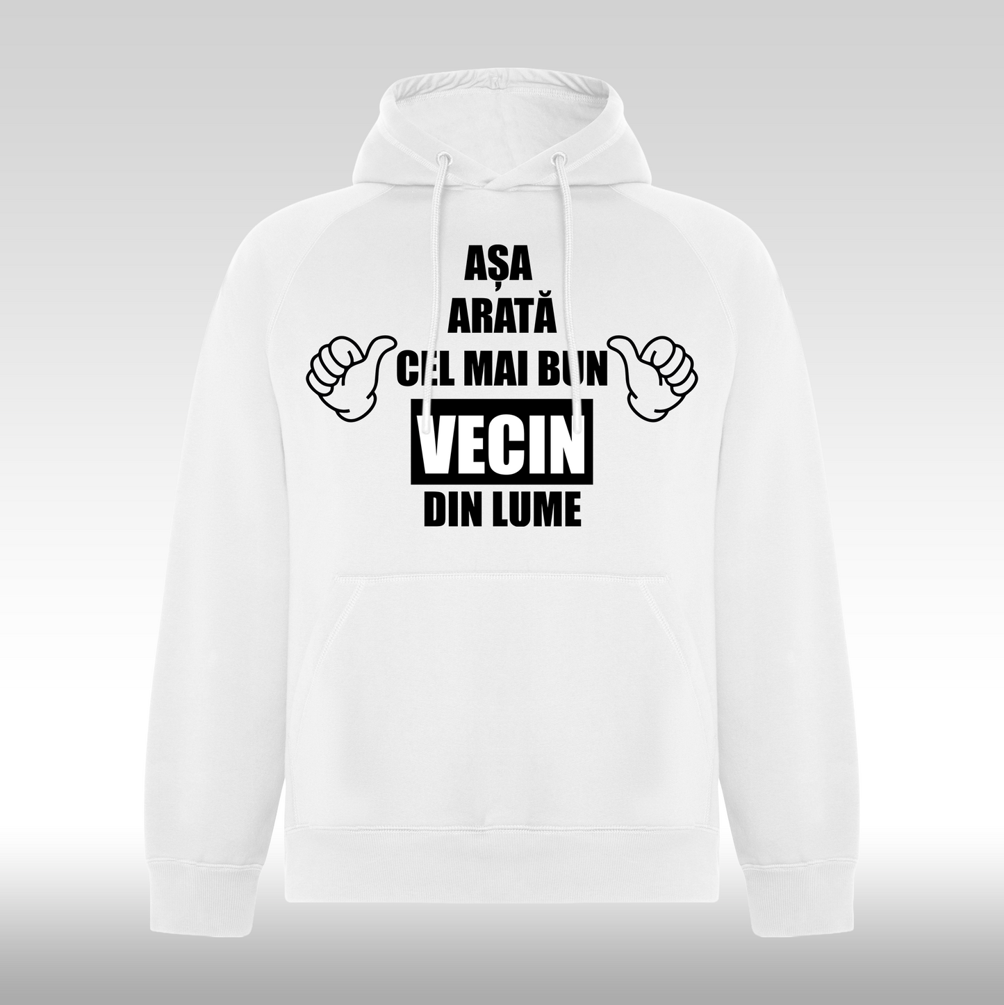 Hanorac alb personalizat mesaj "Asa Arata Cel Mai Bun Vecin Din Lume" streetwear
