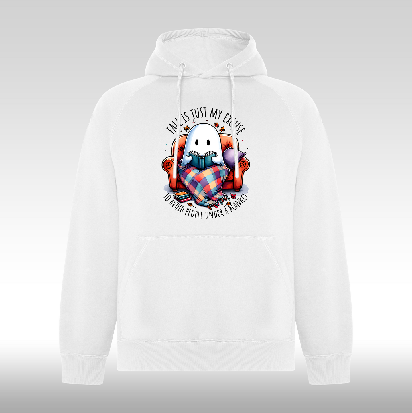Hanorac alb personalizat mesaj "Fall Is Just My Excuse To Avoid People Under A Blanket" streetwear
