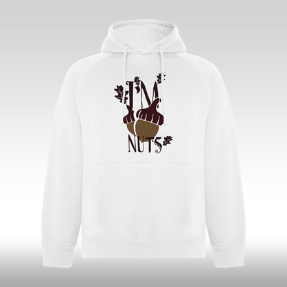 Hanorac alb personalizat mesaj "I'm Nuts" streetwear
