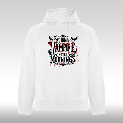 Hanorac alb personalizat mesaj "My Inner Vampire Hates Mornings" streetwear
