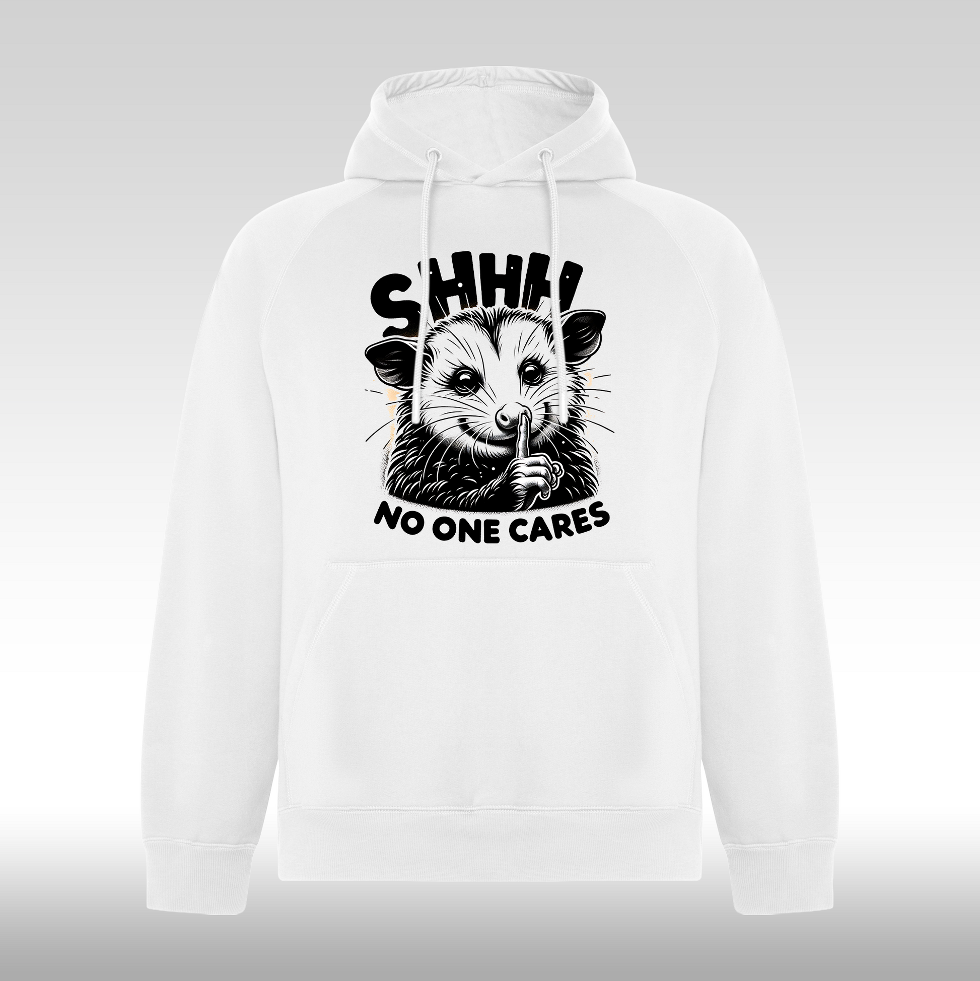 Hanorac alb personalizat mesaj "Shhh No One Cares" streetwear
