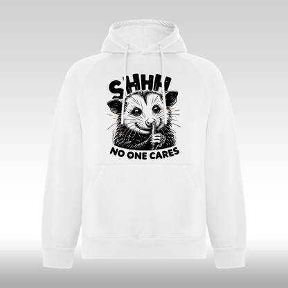 Hanorac alb personalizat mesaj "Shhh No One Cares" streetwear

