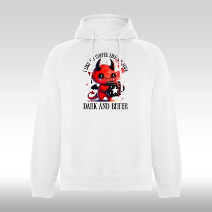 Hanorac alb personalizat mesaj "I Like My Coffee Like My Soul: Dark And Bitter" streetwear
