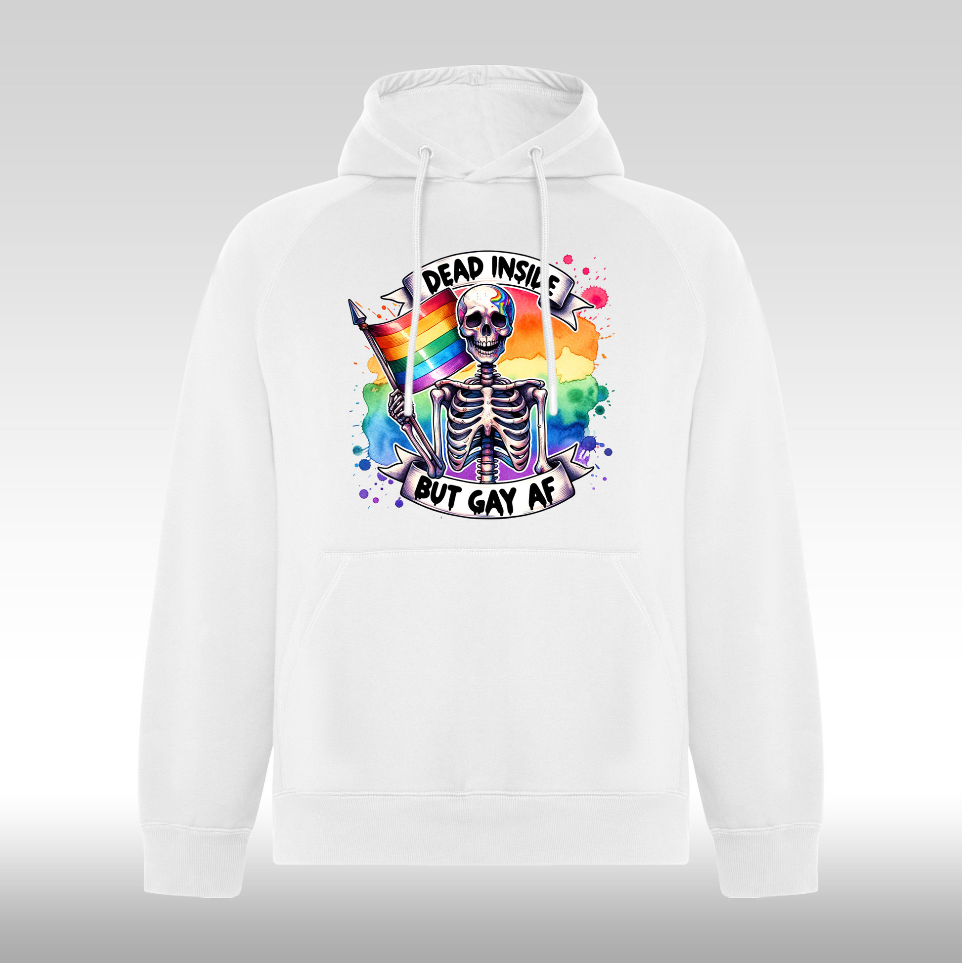 Hanorac alb personalizat pride "Dead Inside, But Gay AF" streetwear
