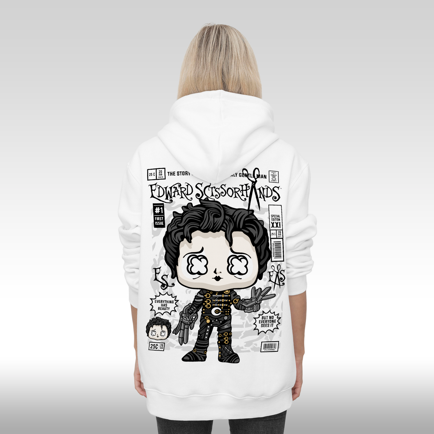 Hanorac alb personalizat spate dama urban "Edward Scissorhands" streetwear
