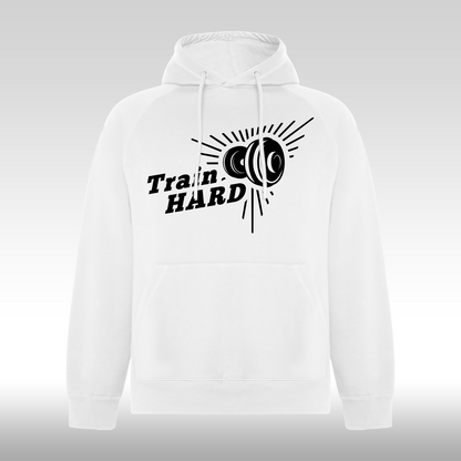 Hanorac alb personalizat sport "Train Hard" streetwear
