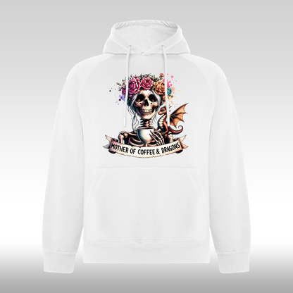 Hanorac alb personalizat urban "Mother Of Coffee And Dragons" streetwear
