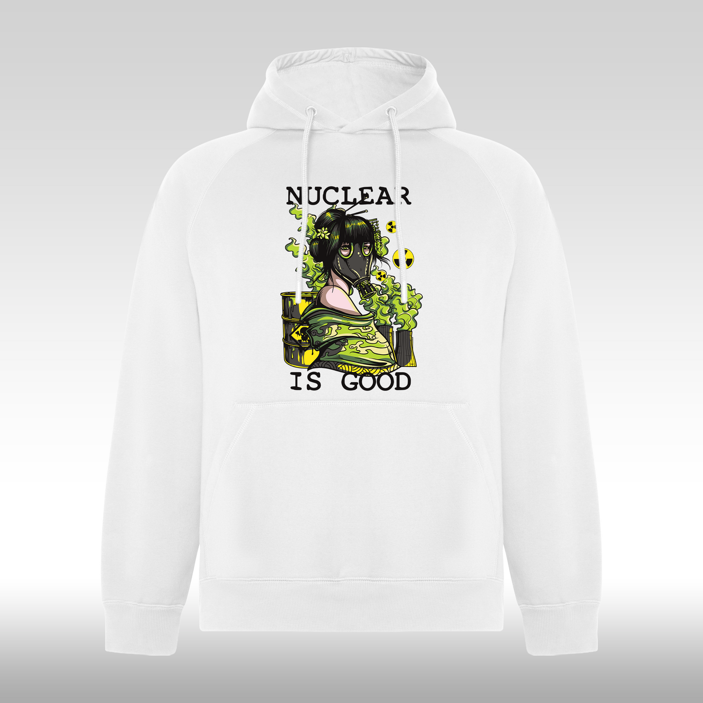 Hanorac alb personalizat urban "Nuclear Is Good" streetwear
