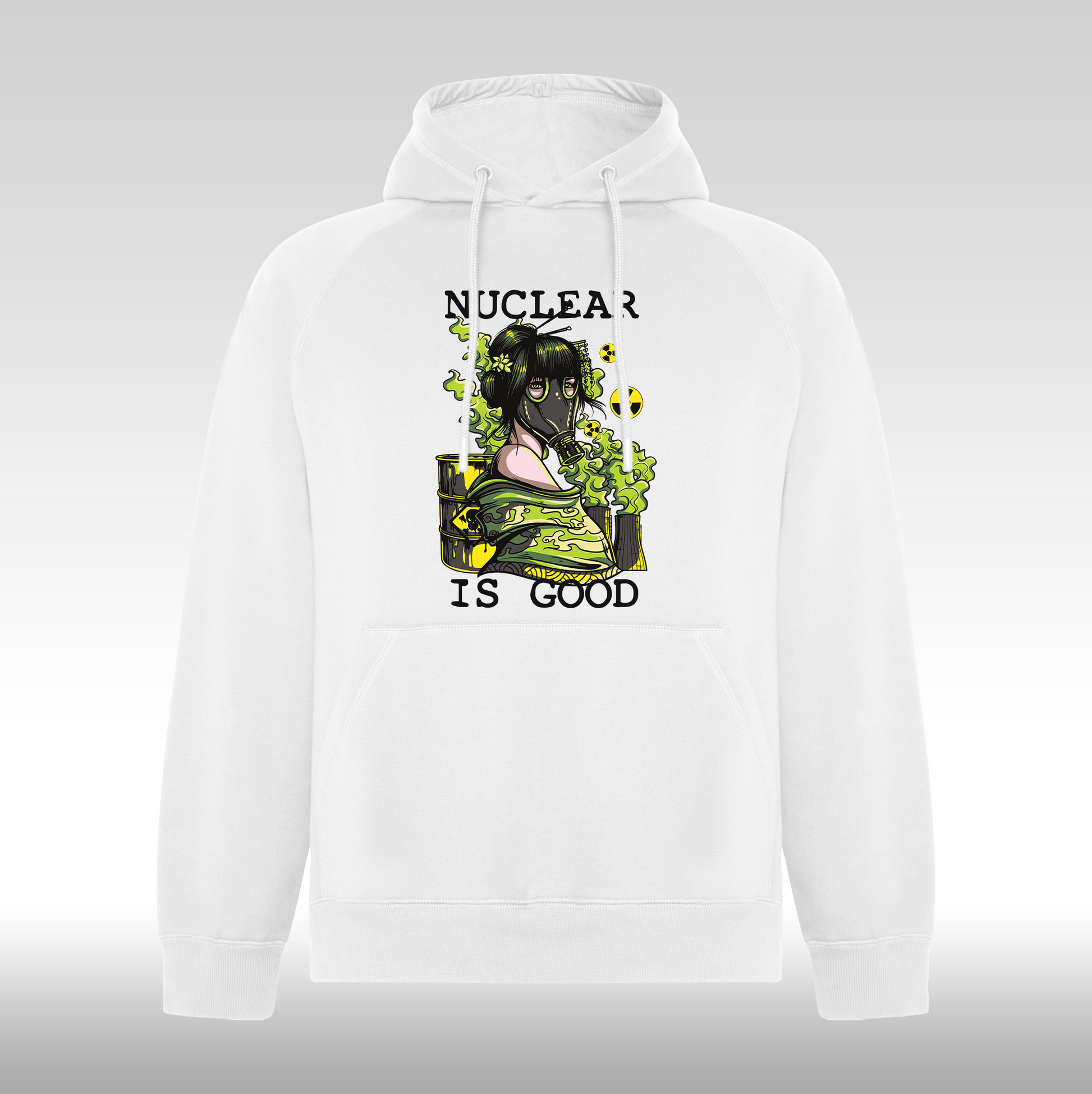 Hanorac alb personalizat urban "Nuclear Is Good" streetwear
