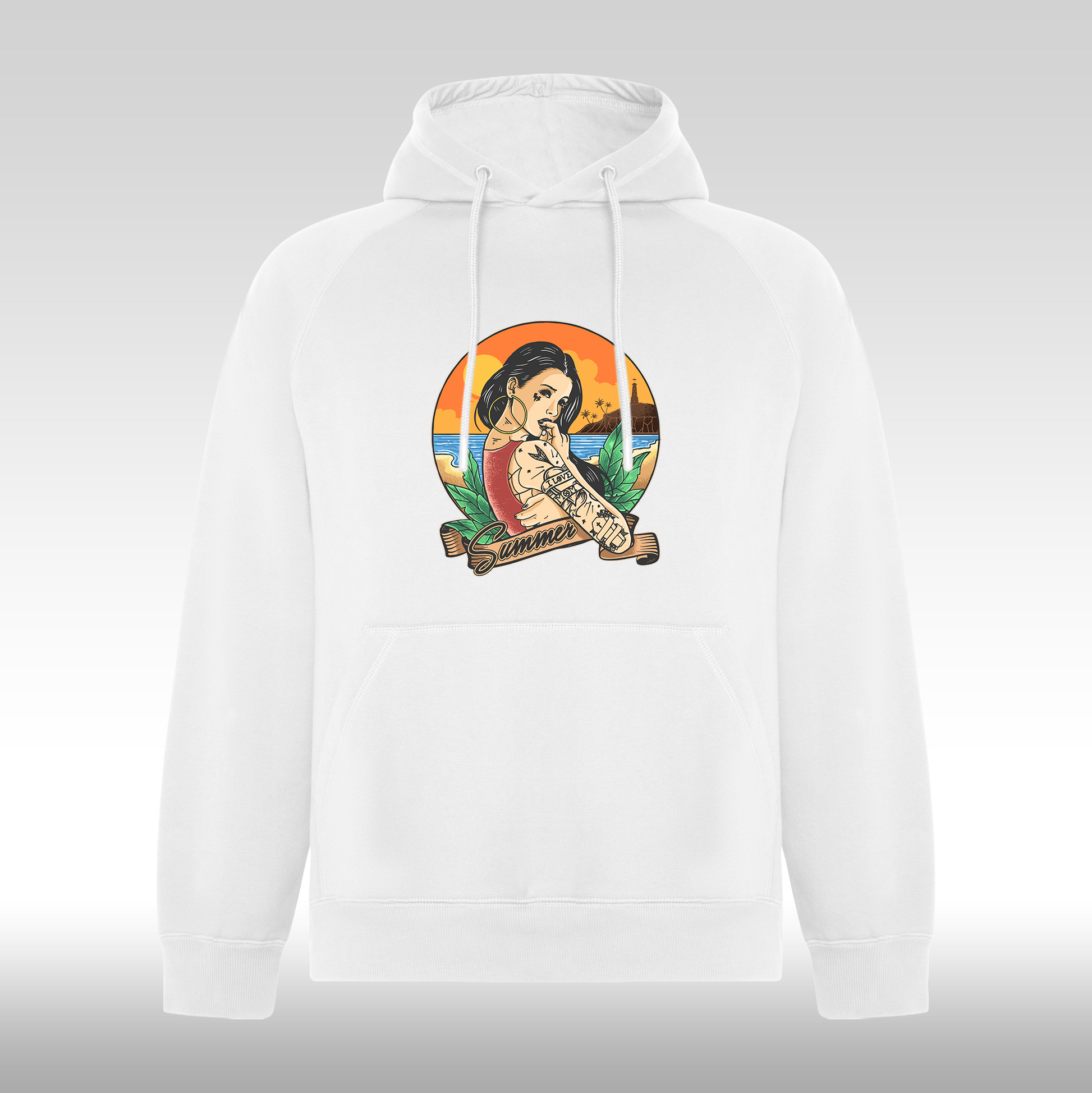 Hanorac alb personalizat urban "Summer Tattoo Girl" streetwear
