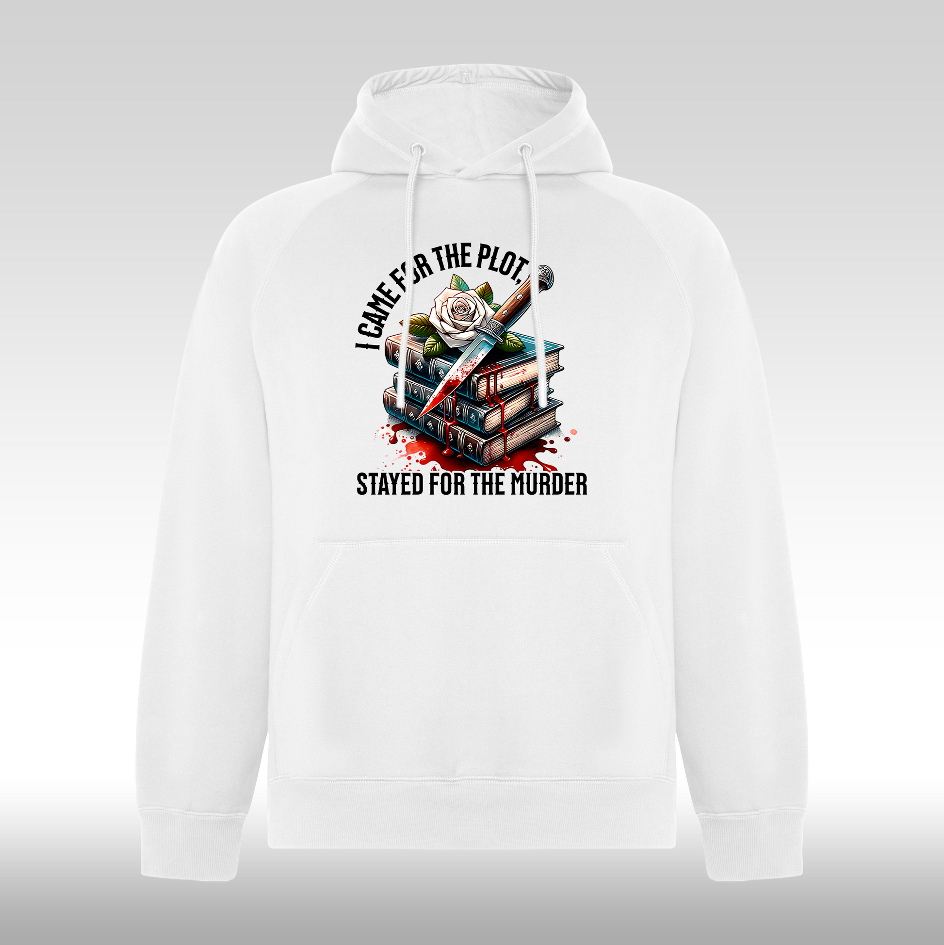 Hanorac alb personalizat urban "I Came For The Plot, Stayed For The Murder" streetwear

