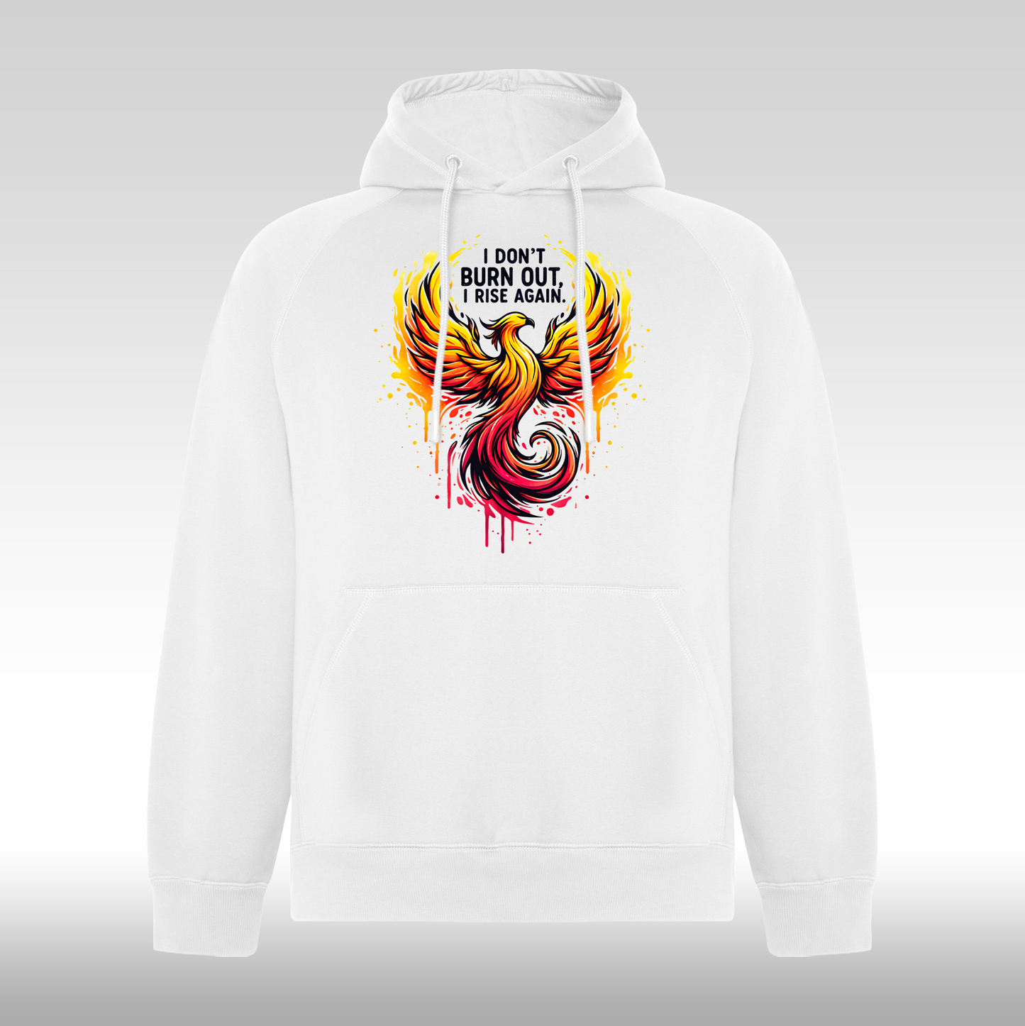 Hanorac alb personalizat phoenix "I Don't Burn Out, I Rise Again" streetwear
